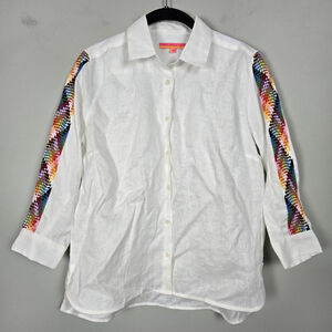 Vilagallo Womens Embroidered Linen Button Up Top Size M White Boho Beachy Artsy